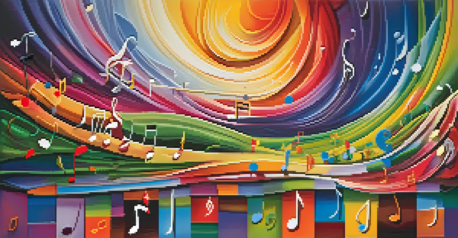 An artistic depiction of musical notes flowing through a colorful landscape, representing emotional connections and the joy of music.