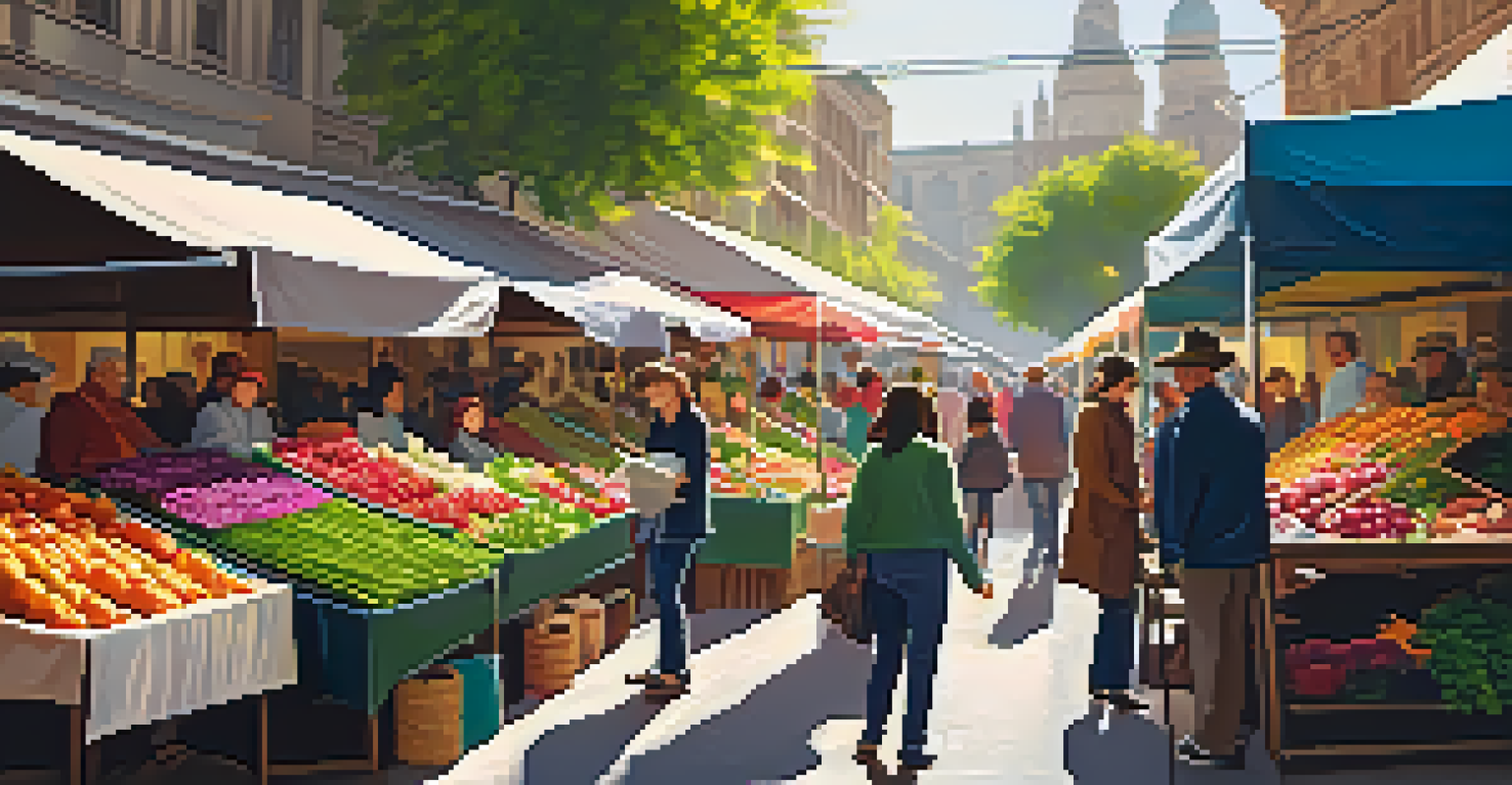 A vibrant urban market scene with colorful stalls and busy shoppers.