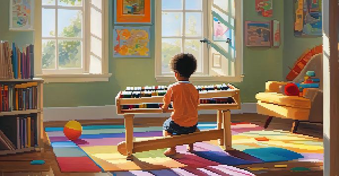 A child joyfully playing a xylophone in a bright room, with musical notes and colorful toys around.