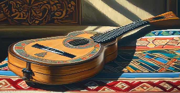 A close-up view of a traditional balalaika with intricate carvings on a wooden table, illuminated by sunlight.