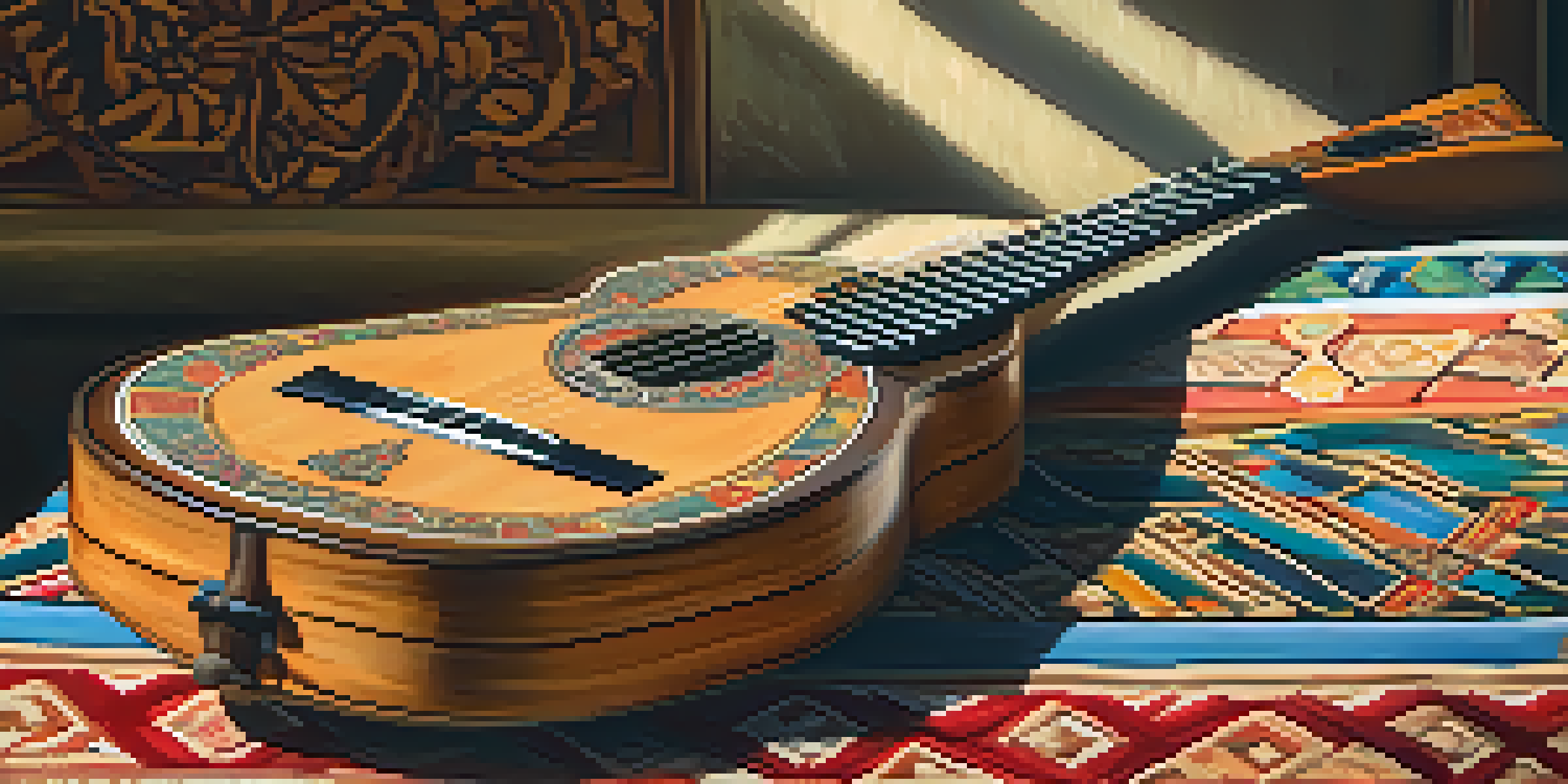 A close-up view of a traditional balalaika with intricate carvings on a wooden table, illuminated by sunlight.