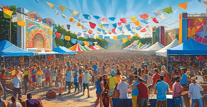 A lively outdoor music festival with musicians on stage and an enthusiastic crowd enjoying the performance under a clear blue sky.