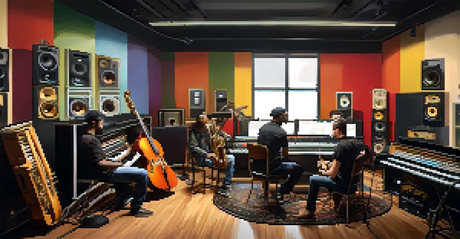 A diverse group of musicians collaborating in a recording studio, showcasing creativity and cultural diversity.