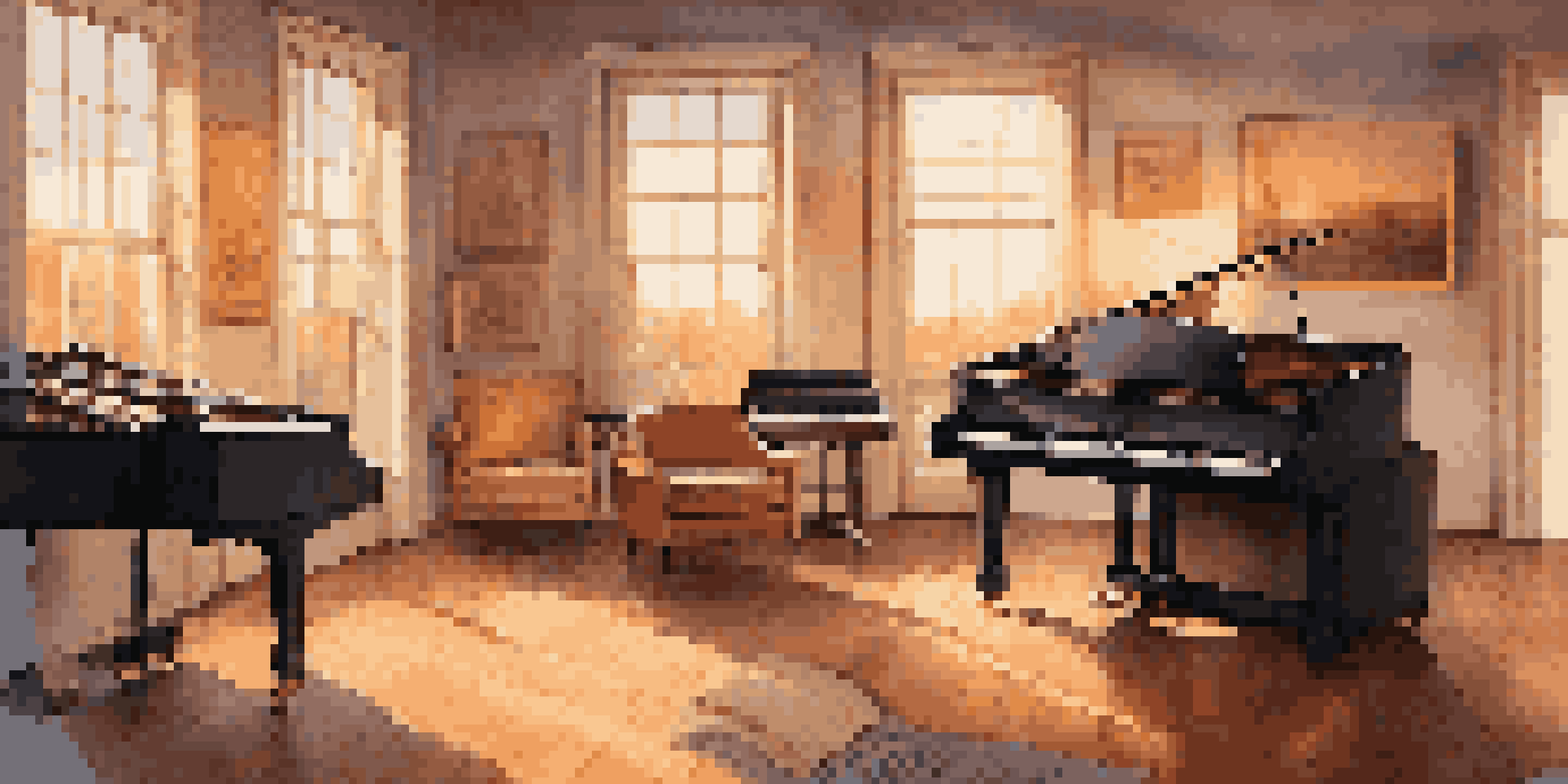 A film scoring studio filled with musical instruments and warm lighting, with sheet music on a grand piano and a sunset visible through a window.