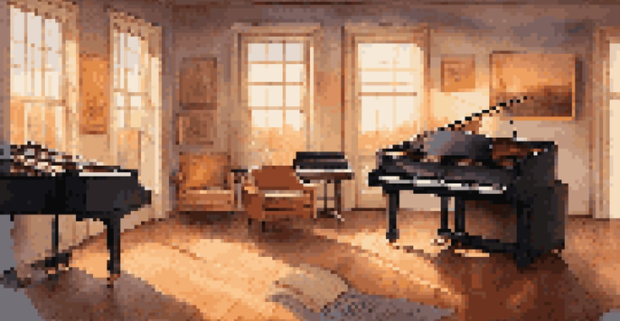 A film scoring studio filled with musical instruments and warm lighting, with sheet music on a grand piano and a sunset visible through a window.