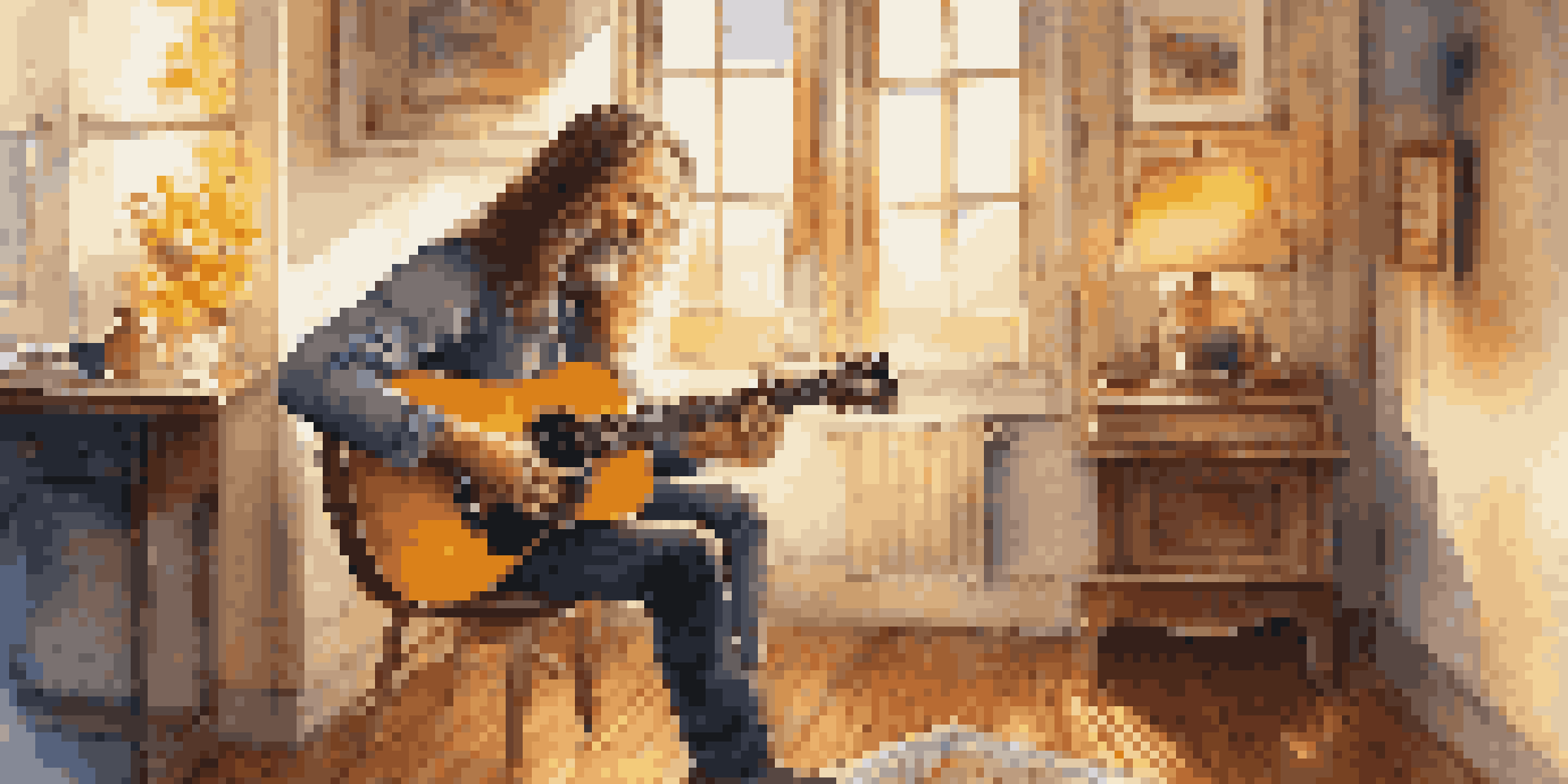 A close-up of a musician playing an acoustic guitar in a warmly lit room with sunlight streaming through a window.