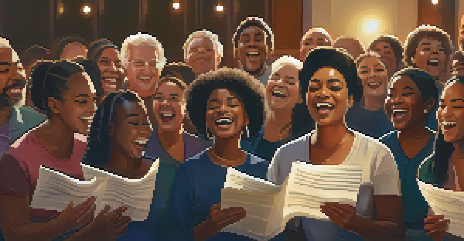 A diverse group of choir singers smiling during rehearsal, with sheet music in the foreground.