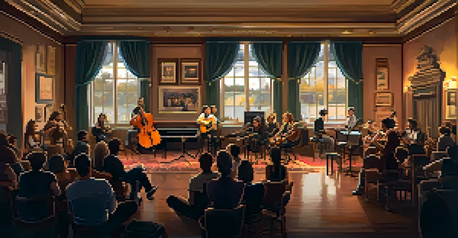 An intimate indoor music venue showcasing a small band performing, with an audience looking captivated and warm, cozy lighting.