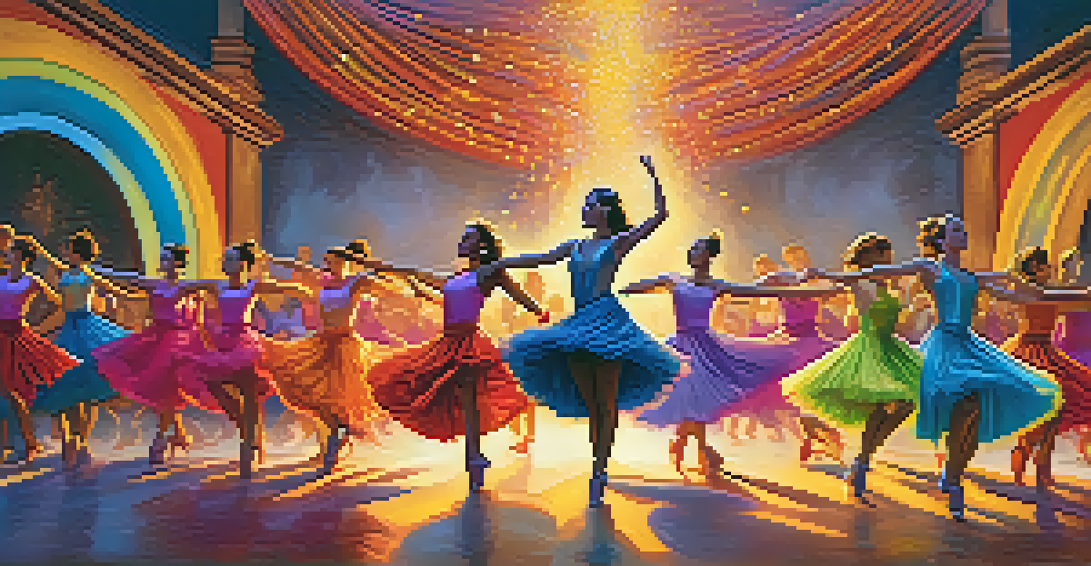 Dancers performing in sync with a live band, showcasing colorful costumes and energetic movements in a lively atmosphere.