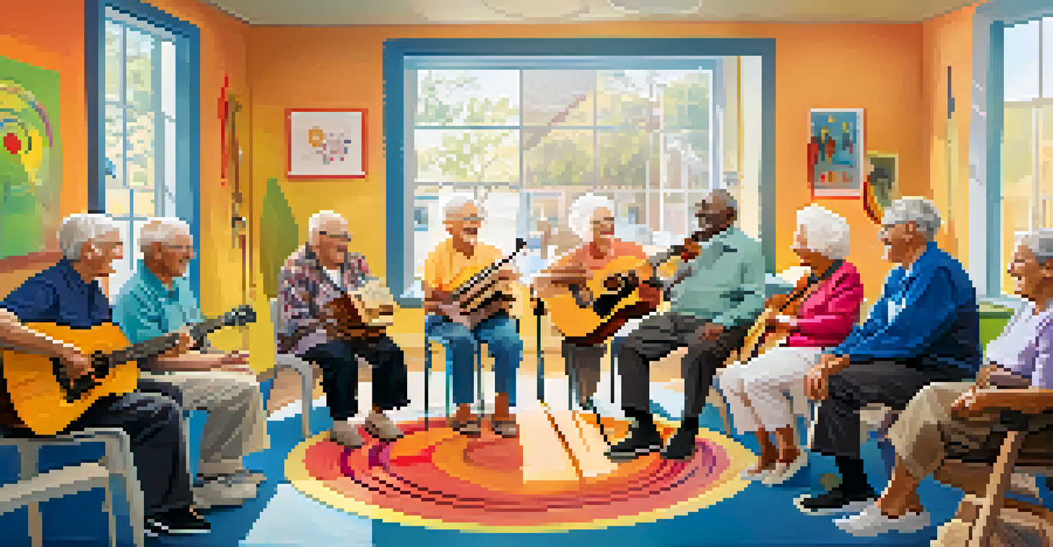 Elderly individuals enjoying a music therapy session with a therapist playing guitar.