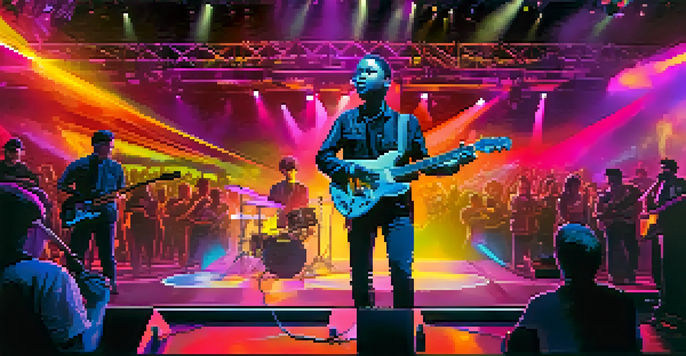 A concert with a human guitarist and a robotic arm playing together, with a vibrant light display and an engaged audience.