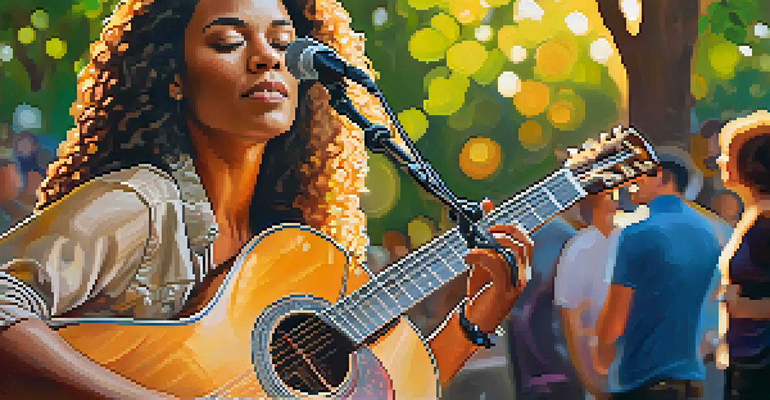 A female musician deeply engaged while playing guitar at an outdoor music event, with sunlight creating a warm ambiance.