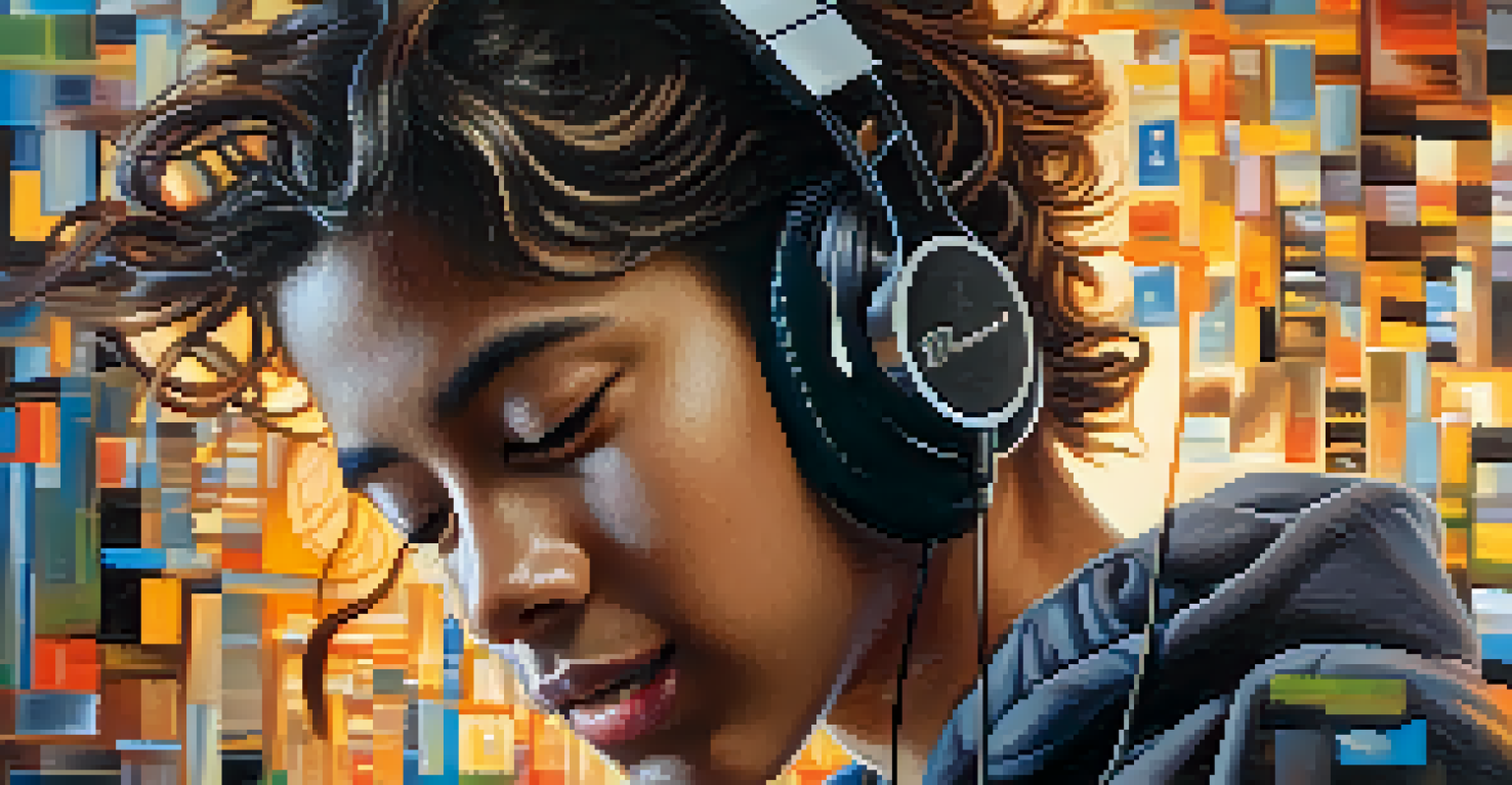 A close-up of a young person with headphones, absorbed in their music, surrounded by floating musical notes in a softly blurred background.