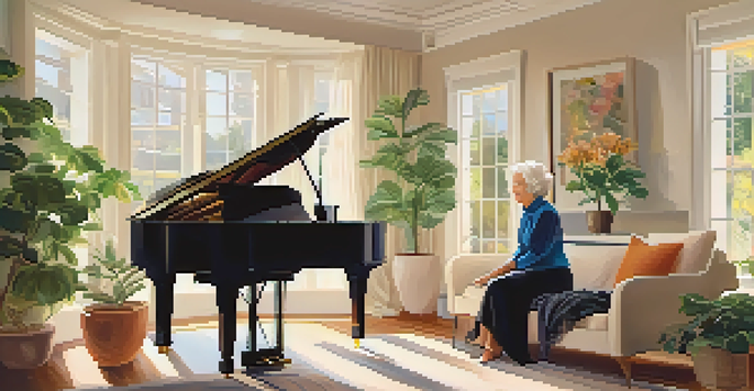 A senior woman playing a grand piano in a bright living room filled with family photographs and a cozy chair.
