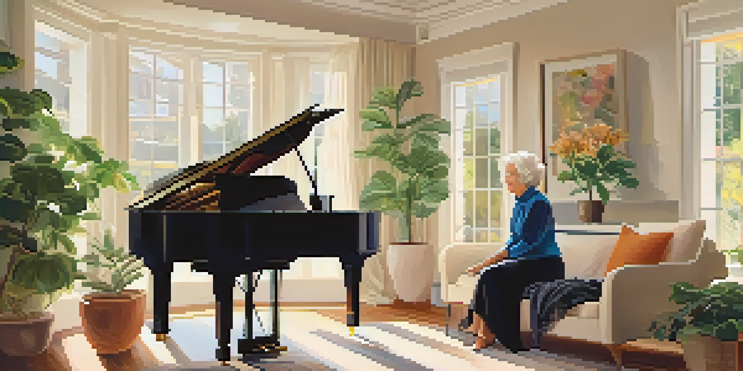 A senior woman playing a grand piano in a bright living room filled with family photographs and a cozy chair.