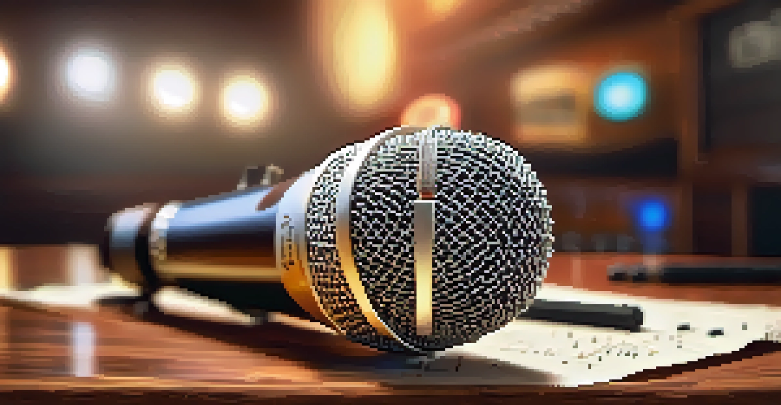 A close-up of a shiny condenser microphone on a wooden table with music sheets and a coffee cup in a blurred music studio background.