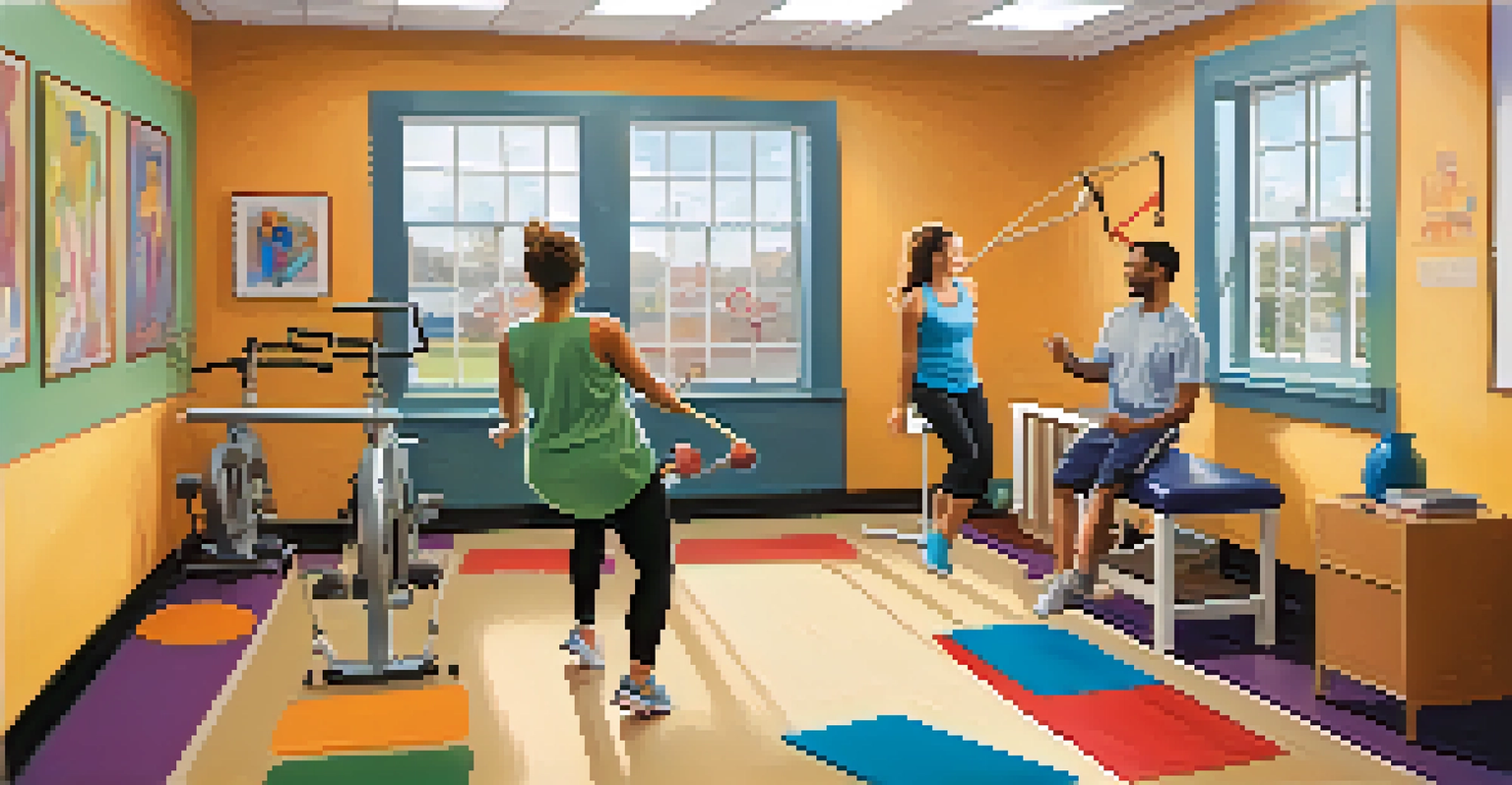 A physical therapy session where a therapist helps a patient, surrounded by colorful equipment and rhythmic music.