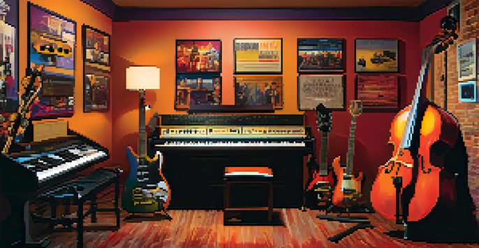 A lively music studio with musicians working together, surrounded by colorful instruments and warm lighting.