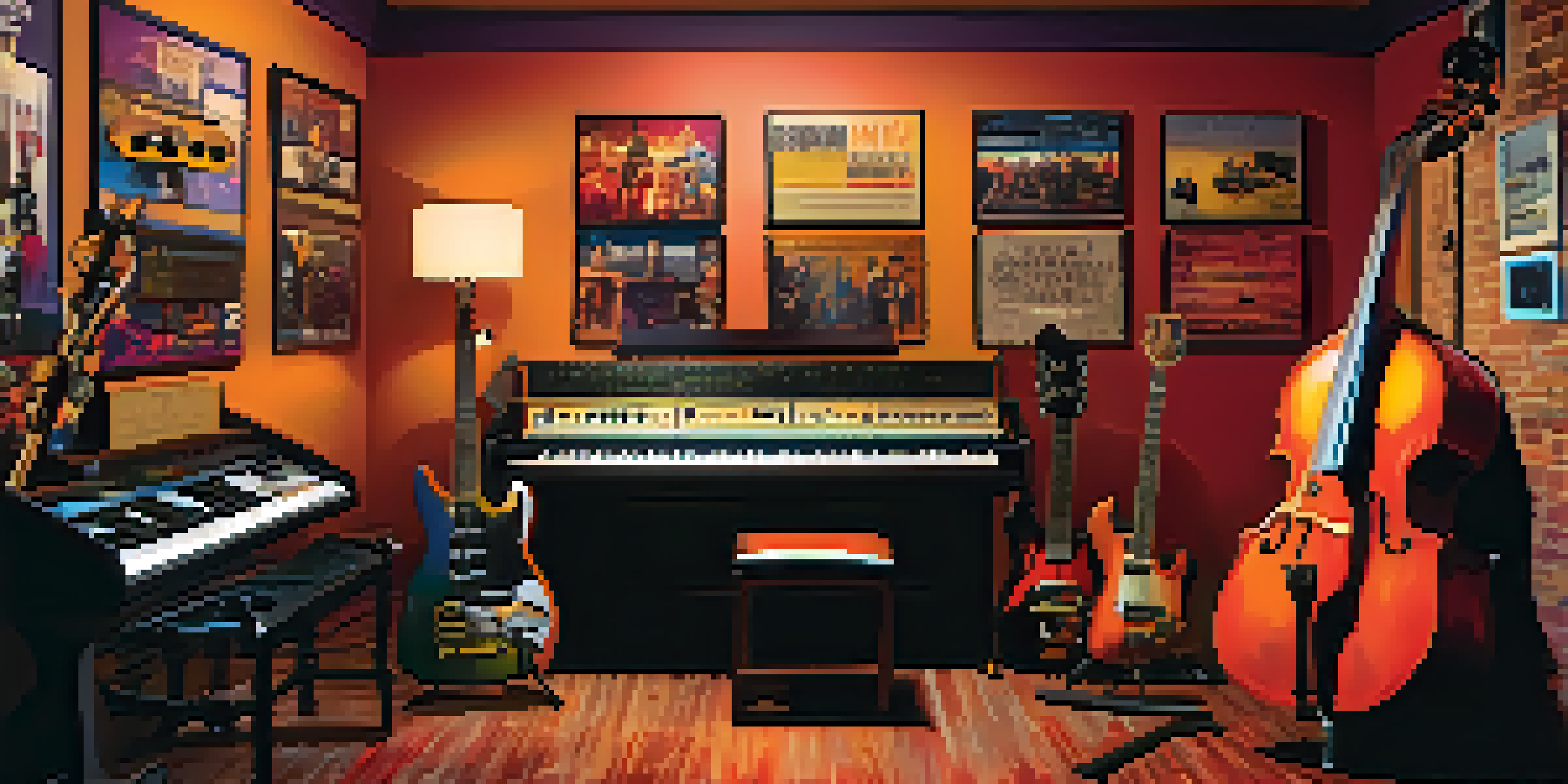 A lively music studio with musicians working together, surrounded by colorful instruments and warm lighting.
