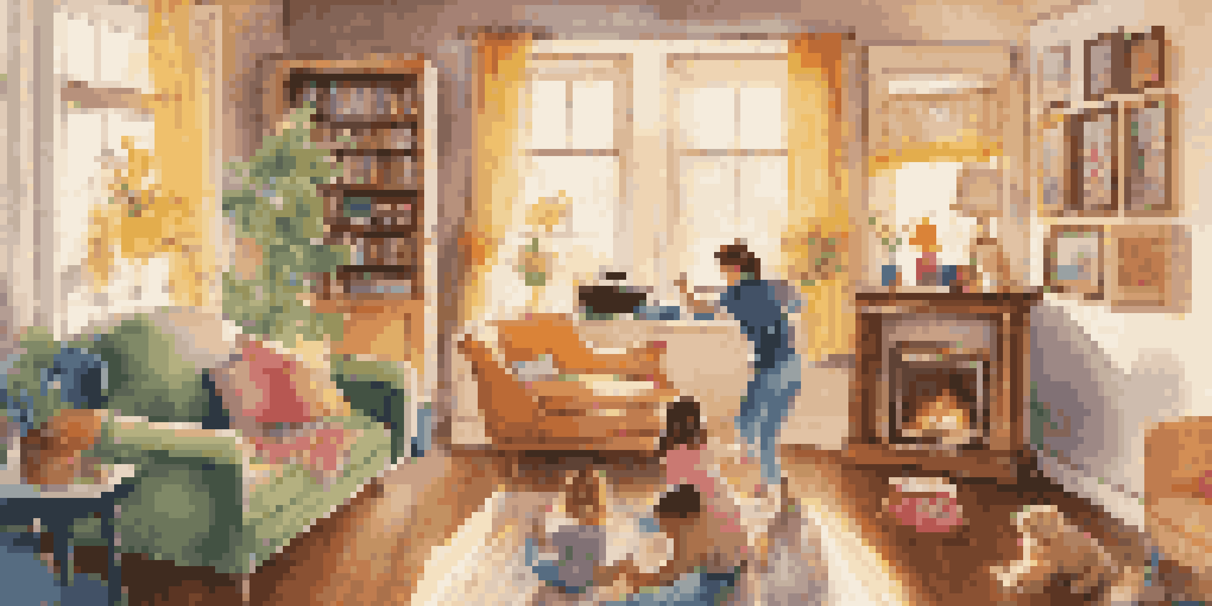 A parent and child dancing in a cozy living room with a record player, surrounded by toys and framed photos.