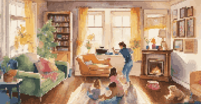 A parent and child dancing in a cozy living room with a record player, surrounded by toys and framed photos.