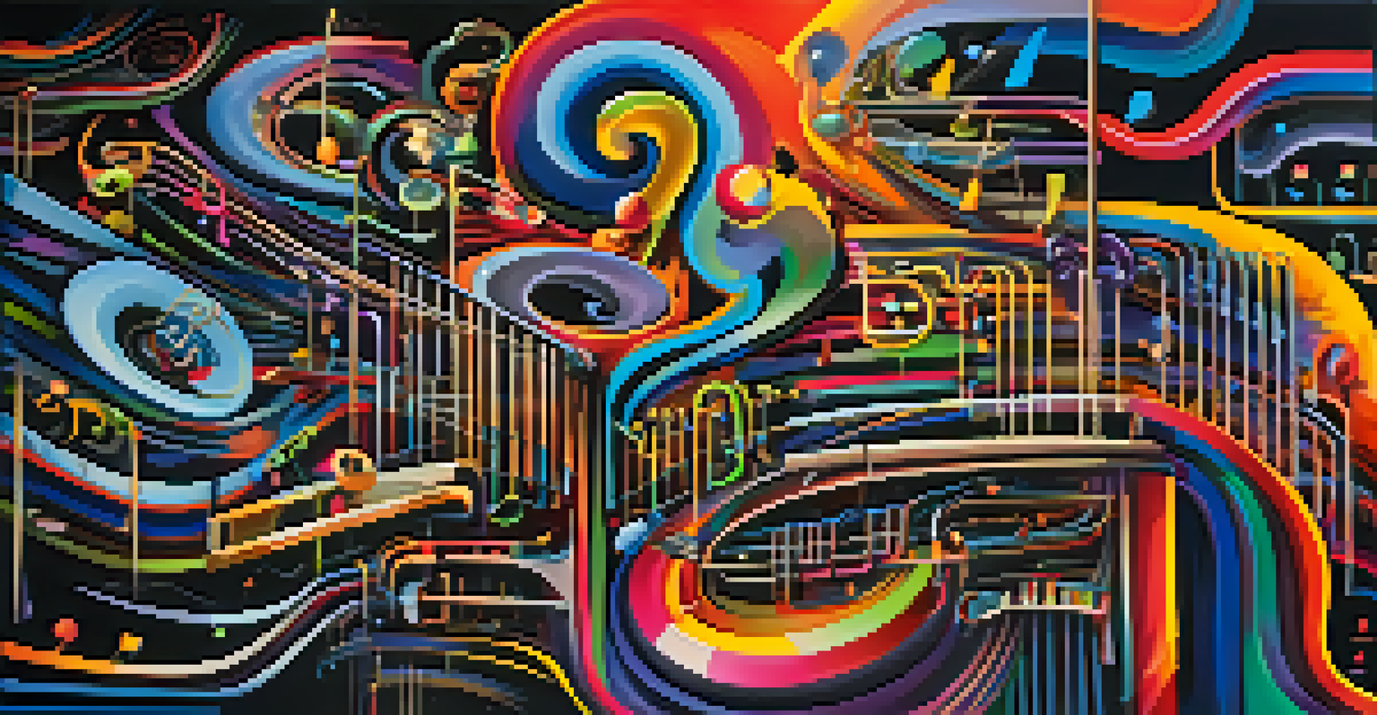 An abstract image showing the fusion of jazz and electronic music with colorful sound waves and musical notes.