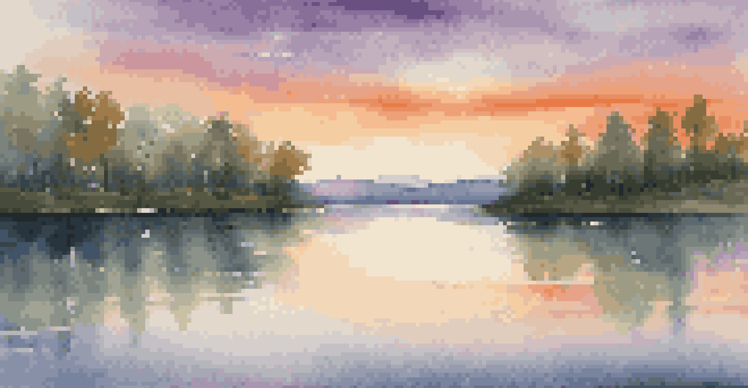 A peaceful lake at sunset with colorful reflections and green trees around it.