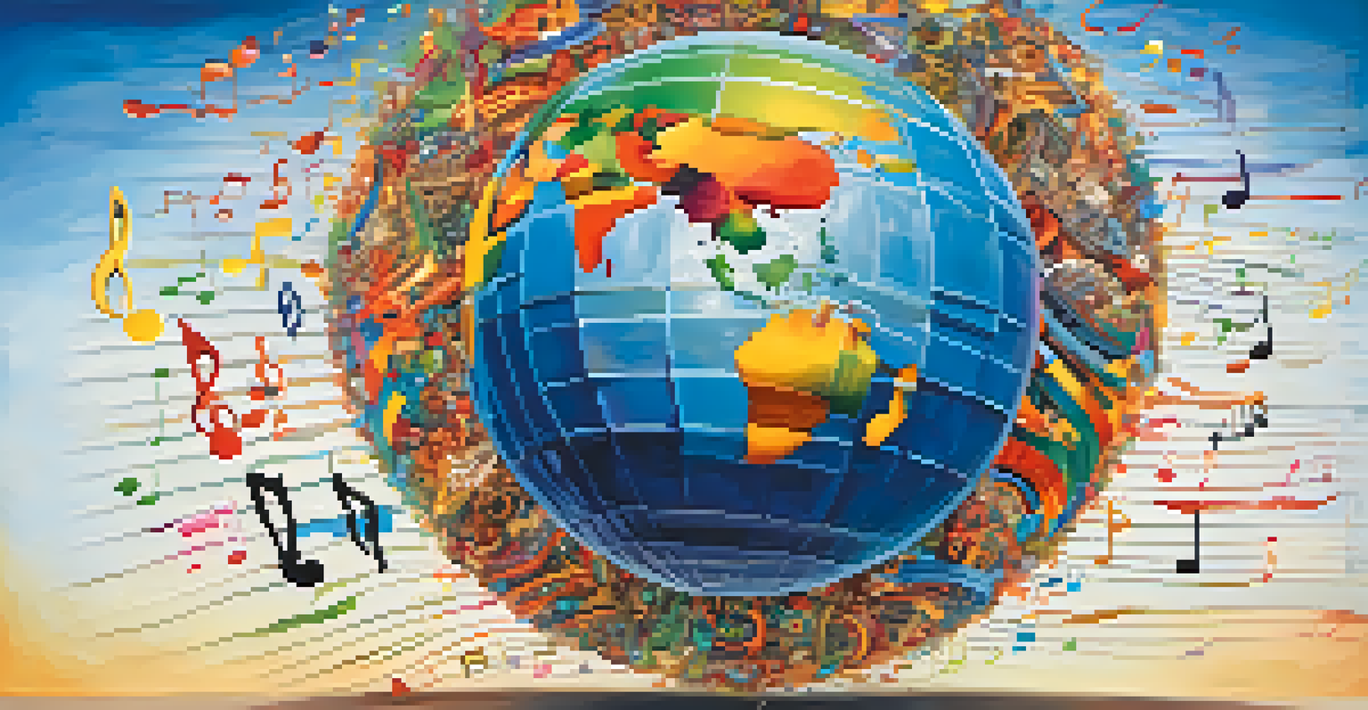A globe made of music notes, with colorful representations of different musical genres symbolizing cultural diversity.