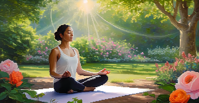 A person meditating in a peaceful garden filled with colorful flowers and gentle sunlight, with musical notes surrounding them.