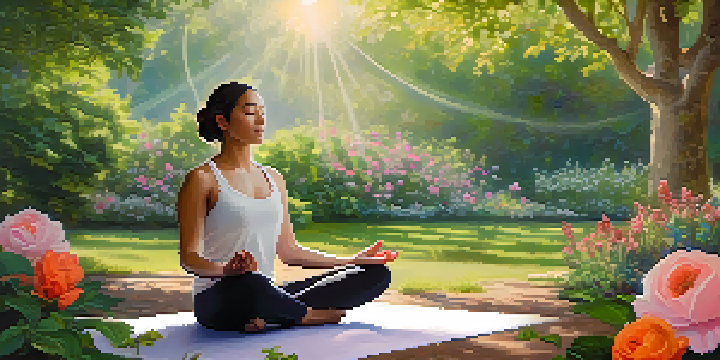 A person meditating in a peaceful garden filled with colorful flowers and gentle sunlight, with musical notes surrounding them.
