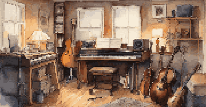 A songwriter in a warm, cozy music studio, surrounded by instruments and notebooks, with soft lighting creating an intimate atmosphere.