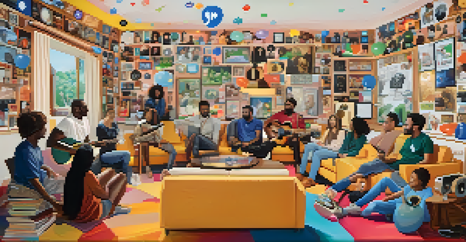 A vibrant scene of diverse musicians performing online, with colorful chat bubbles and emojis representing audience engagement.