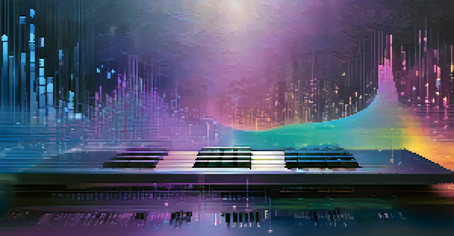 An abstract depiction of AI in music with colorful sound waves and musical notes in a futuristic setting.