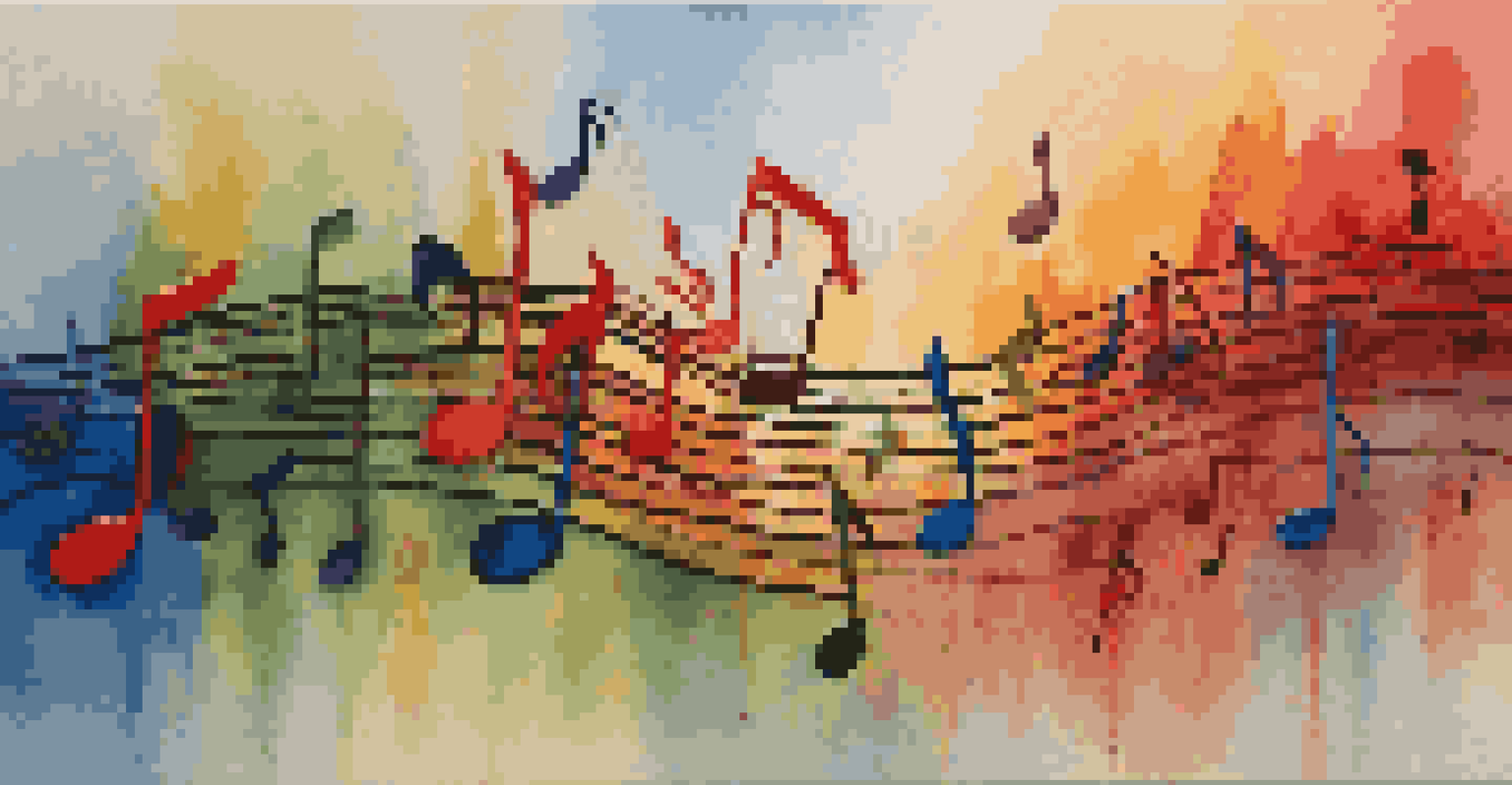 An abstract painting of musical notes in vibrant colors, symbolizing passion and calmness.