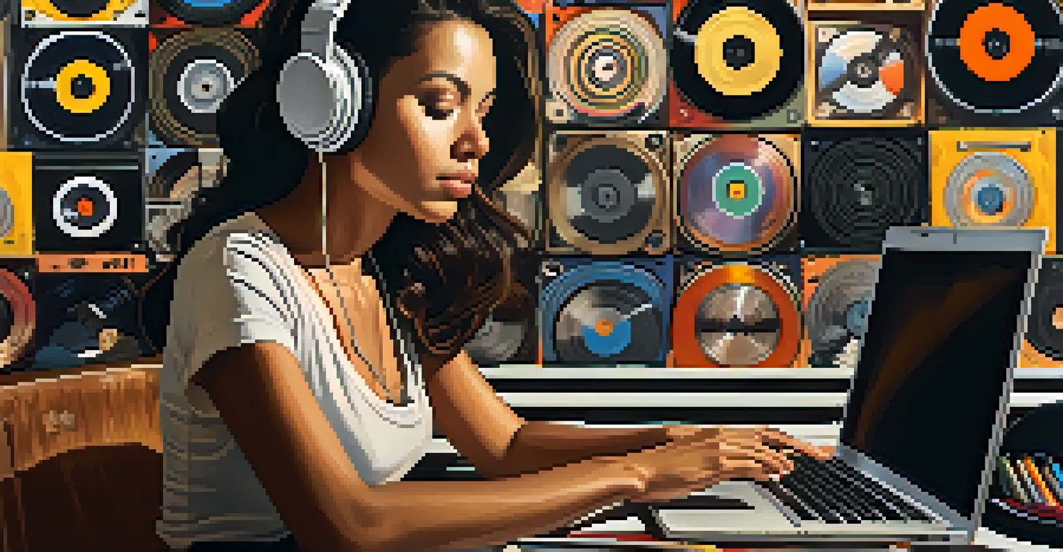 A focused woman working on a laptop surrounded by music items, symbolizing creativity in music licensing.