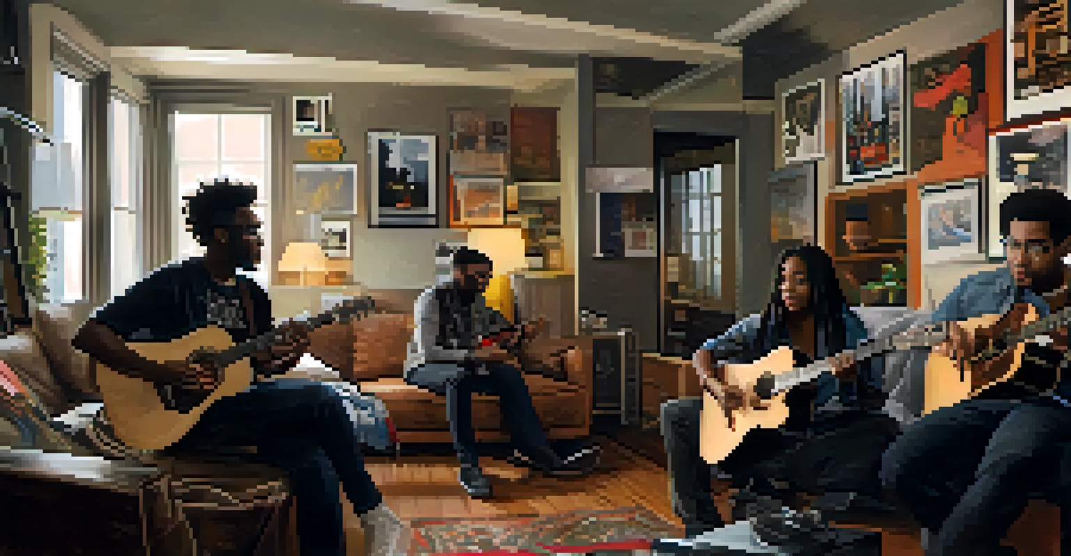 A split-screen view of musicians collaborating remotely, showing a guitarist and a vocalist in different settings.