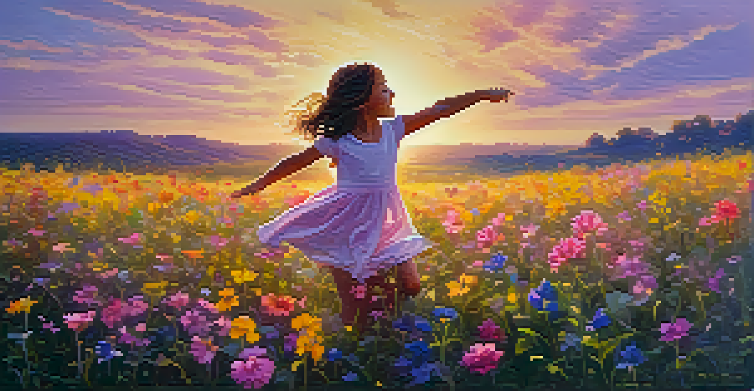 A child dancing in a field of colorful wildflowers during sunset, with musical notes floating around, representing the joy of music.