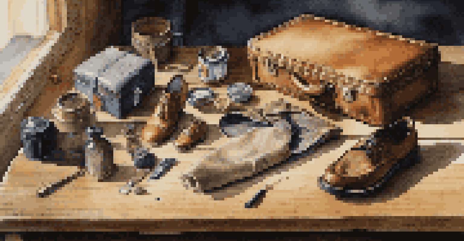 A close-up view of Foley props on a table, showcasing various textures and items used for sound recording.