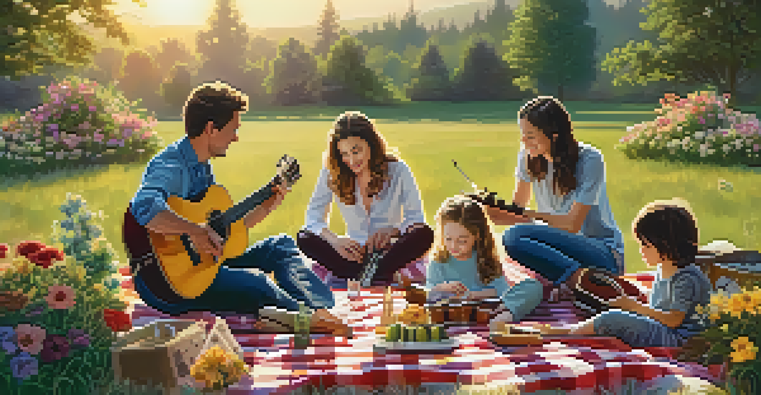 A family enjoying a picnic outdoors, playing instruments and singing together under a beautiful sunset.