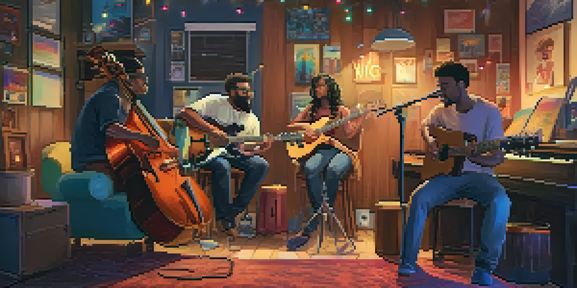 A cozy room filled with diverse musicians collaborating, with instruments and warm lighting.