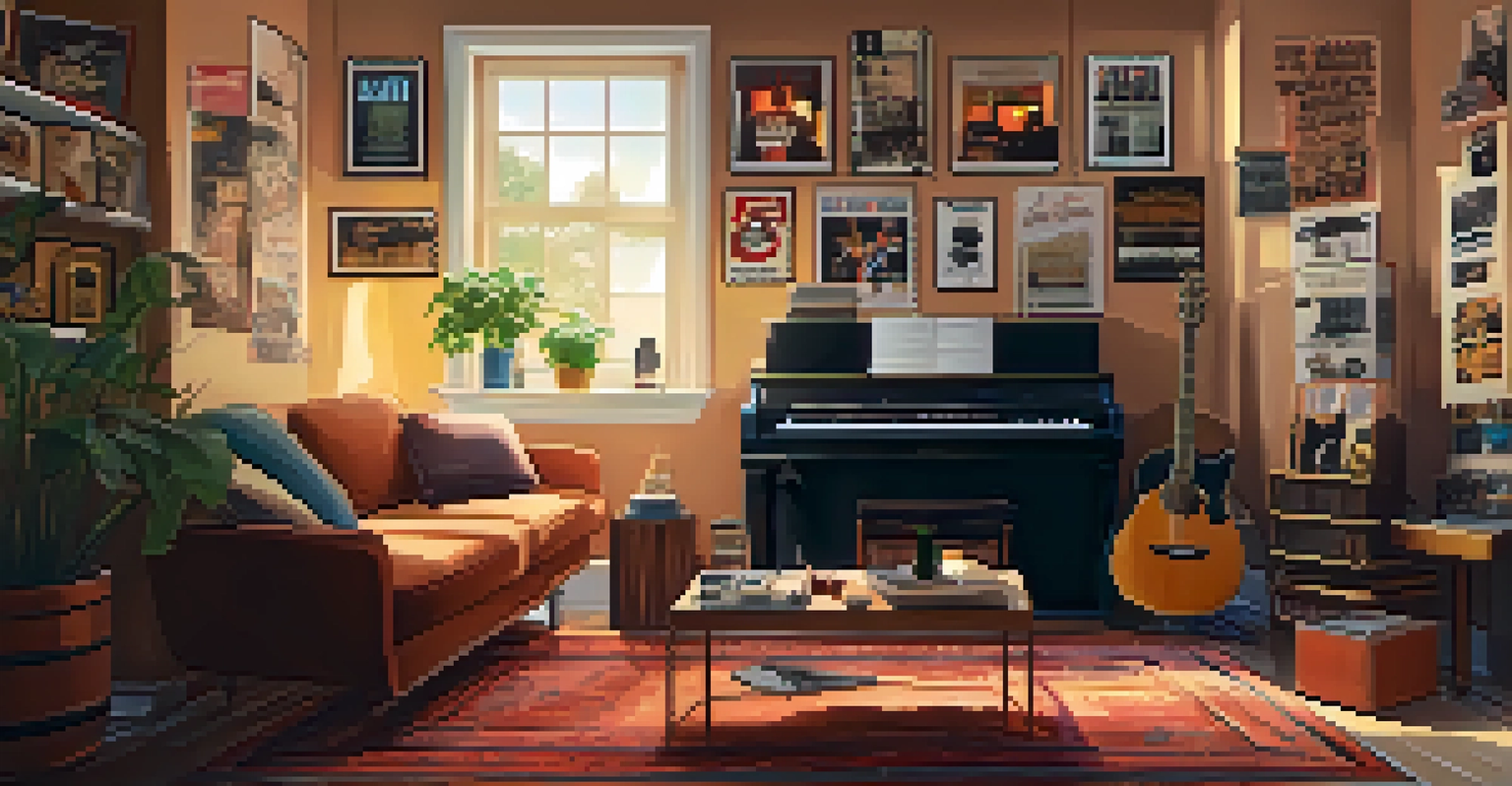 A cozy room with a person relaxing on a sofa, surrounded by musical instruments and warm lighting.
