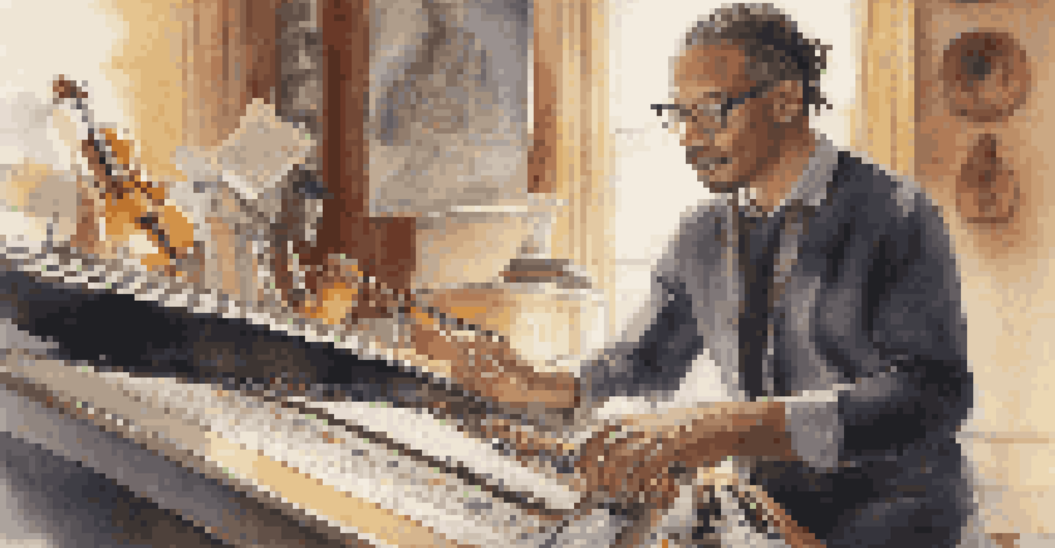 A musician closely examining a royalty report, surrounded by instruments and recording gear, with warm lighting.