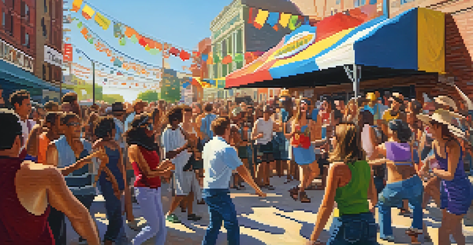 A lively outdoor music festival with diverse musicians and enthusiastic fans enjoying the performance under warm sunlight.