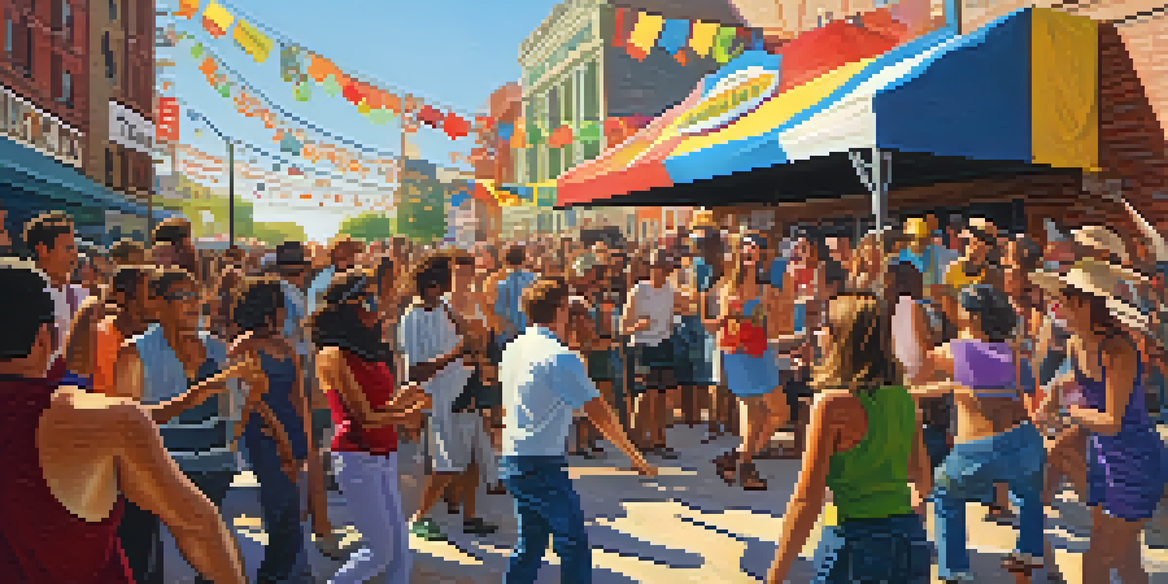 A lively outdoor music festival with diverse musicians and enthusiastic fans enjoying the performance under warm sunlight.