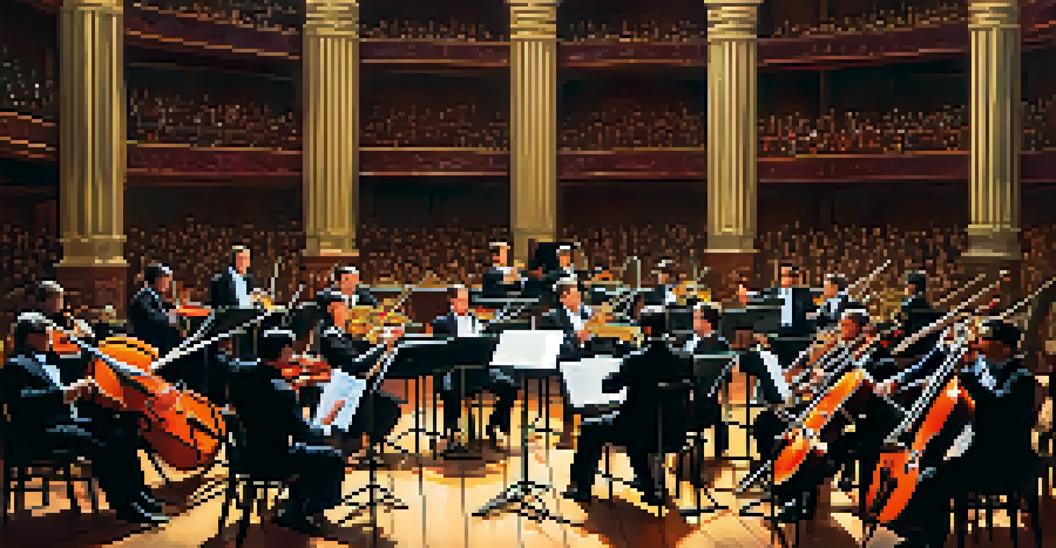 An orchestra performing on stage with various instruments and dramatic lighting.