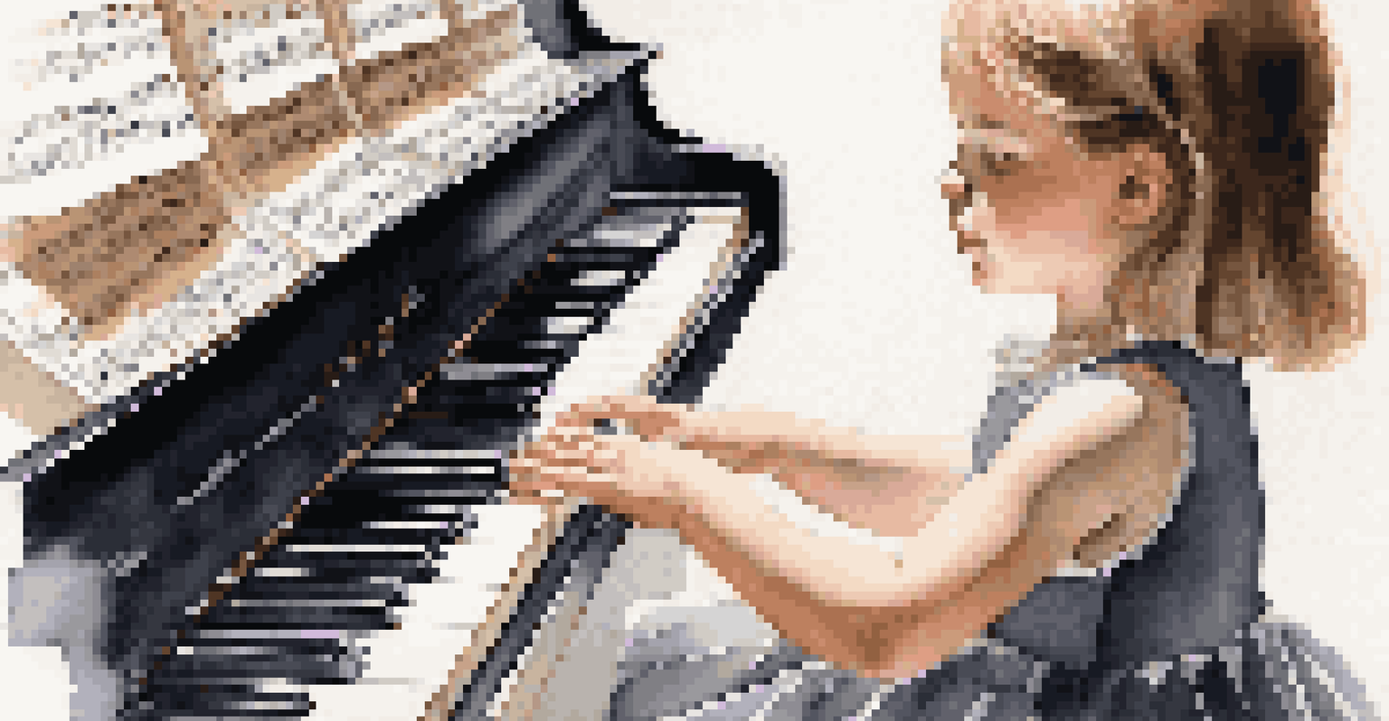 A young girl focused on playing the piano, with her hands gracefully positioned over the keys and sheet music in front of her.