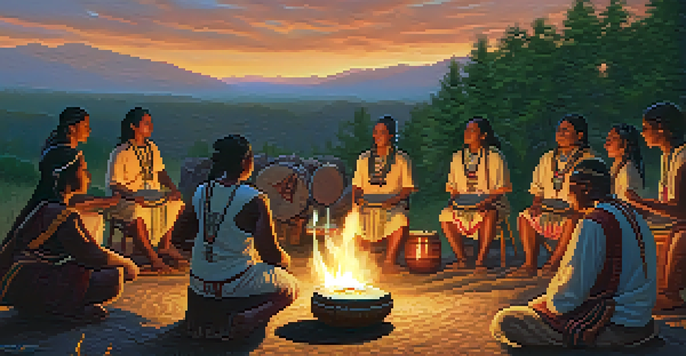 A peaceful outdoor setting with people participating in a traditional Indigenous healing ceremony, featuring drumming and chanting around a warm fire during sunset.