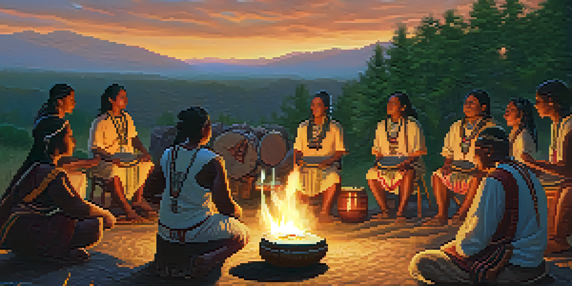 A peaceful outdoor setting with people participating in a traditional Indigenous healing ceremony, featuring drumming and chanting around a warm fire during sunset.