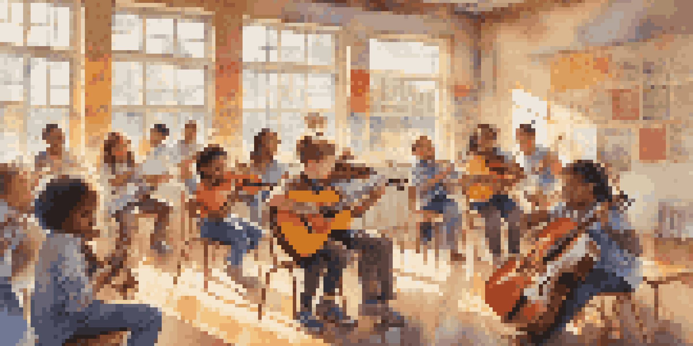 A diverse group of children in a classroom, playing musical instruments together while sunlight shines through the windows.