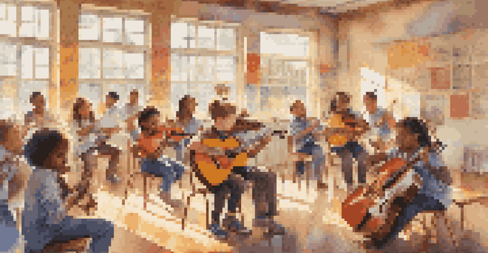 A diverse group of children in a classroom, playing musical instruments together while sunlight shines through the windows.